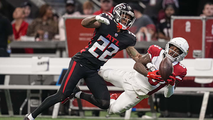 Jan 1, 2023; Atlanta, Georgia, USA; Arizona Cardinals wide receiver Greg Dortch (83) tries to catch