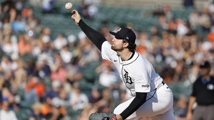Jun 24, 2024; Detroit, Michigan, USA; Detroit Tigers starting pitcher Casey Mize (12) pitches in the first inning against the Philadelphia Phillies at Comerica Park. Jun 24, 2024; Detroit, Michigan, USA; Detroit Tigers starting pitcher Casey Mize (12) pitches in the first inning against the Philadelphia Phillies at Comerica Park.