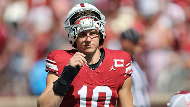 Oklahoma quarterback John Mateer (10) before an NCAA football game between the Oklahoma Sooners (OU) and Kent State Golden Flashes at Gaylord Family - Oklahoma Memorial Stadium in Norman, Okla., Saturday, Oct. 4, 2025.