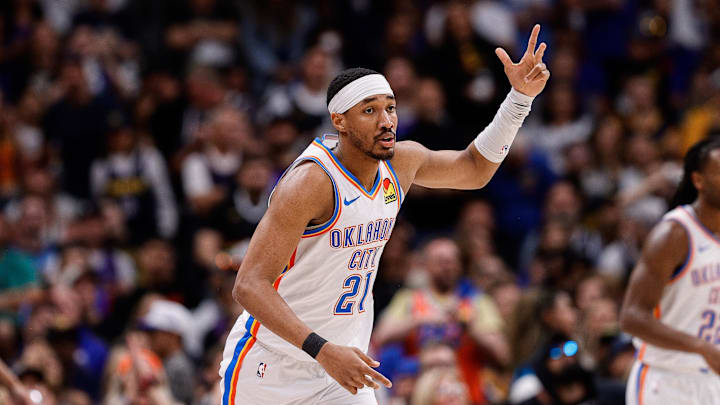 May 11, 2025; Denver, Colorado, USA; Oklahoma City Thunder guard Aaron Wiggins (21) reacts after a basket in the fourth quarter against the Denver Nuggets during game four of the second round of the 2025 NBA Playoffs at Ball Arena. Mandatory Credit: Isaiah J. Downing-Imagn Images