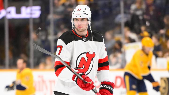 Feb 23, 2025; Nashville, Tennessee, USA; New Jersey Devils defenseman Simon Nemec (17) warms up before a game at Bridgestone Arena. Mandatory Credit: Steve Roberts-Imagn Images Feb 23, 2025; Nashville, Tennessee, USA; New Jersey Devils defenseman Simon Nemec (17) warms up before a game at Bridgestone Arena. Mandatory Credit: Steve Roberts-Imagn Images