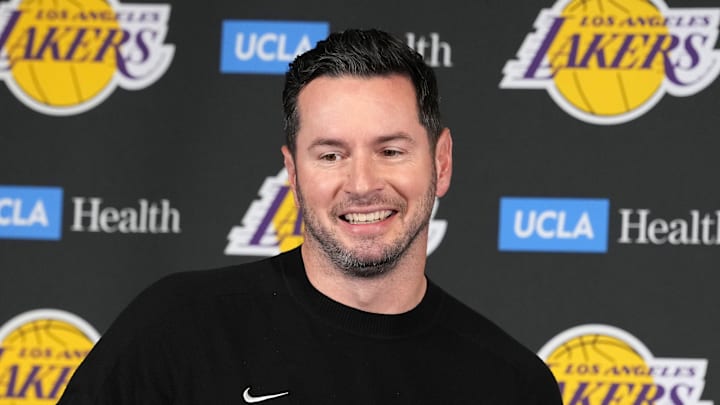 Dec 20, 2025; Inglewood, California, USA; Los Angeles Lakers head coach JJ Redick at press conference prior to the game against the LA Clippers at the Intuit Dome. Mandatory Credit: Kirby Lee-Imagn Images