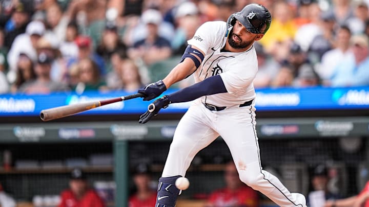 Detroit Tigers outfielder Riley Greene (31) strikes out against Atlanta Braves during the third inning at Comerica Park in Detroit on Sunday, Sept. 21, 2025.