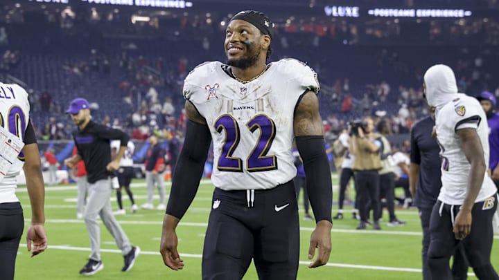 Baltimore Ravens running back Derrick Henry smiles after the game against the Houston Texans.