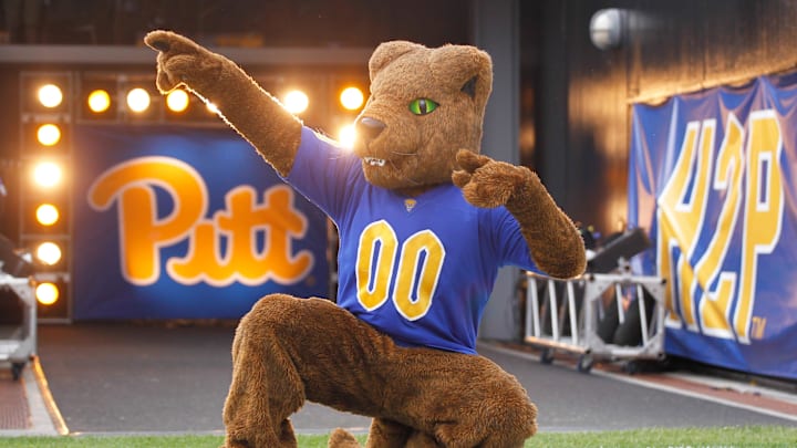 Sep 7, 2019; Pittsburgh, PA, USA;  The Pittsburgh Panthers mascot reaction the field before the game against the Ohio Bobcats at Heinz Field. Pittsburgh won 20-10. Mandatory Credit: Charles LeClaire-USA TODAY Sports