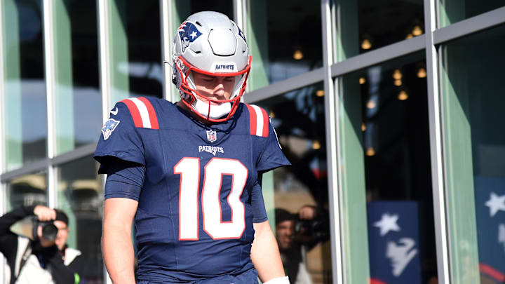 Nov 5, 2023; Foxborough, Massachusetts, USA; New England Patriots quarterback Mac Jones (10) walks