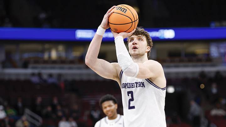 Mar 10, 2026; Chicago, IL, USA; Northwestern Wildcats forward Nick Martinelli (2) shoots a free throw against the Penn State Nittany Lions during the second half at United Center. Mandatory Credit: Kamil Krzaczynski-Imagn Images