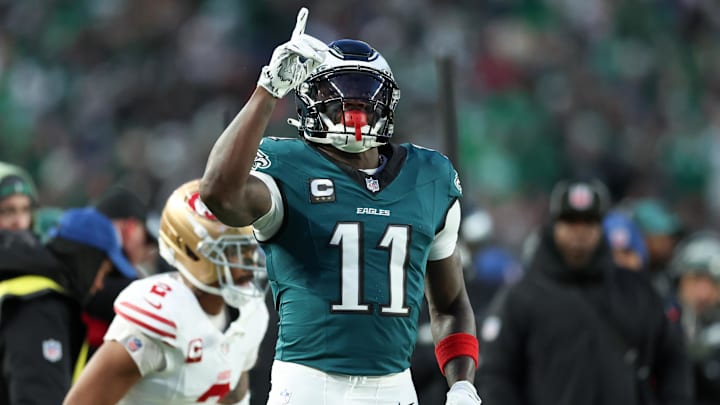 Jan 11, 2026; Philadelphia, PA, USA; Philadelphia Eagles wide receiver A.J. Brown (11) celebrates first down against the San Francisco 49ers during the first quarter in an NFC Wild Card Round game at Lincoln Financial Field. Mandatory Credit: Bill Streicher-Imagn Images