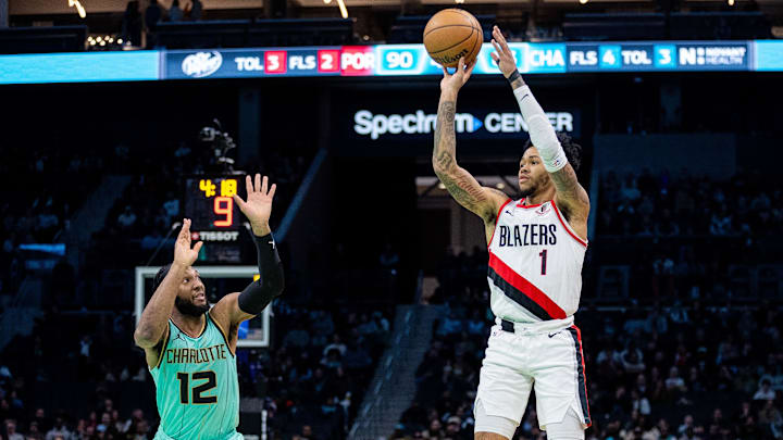 Jan 24, 2025; Charlotte, North Carolina, USA: Portland Trail Blazers guard Anfernee Simons (1) shoots during the fourth quarter at Spectrum Center. Mandatory Credit: Scott Kinser-Imagn Images