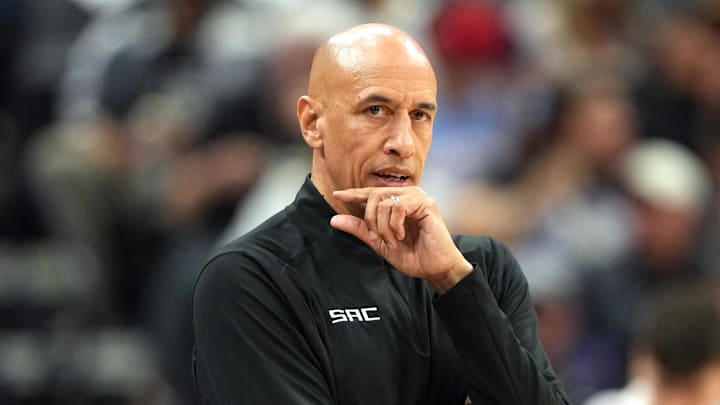 Apr 11, 2025; Sacramento, California, USA; Sacramento Kings interim head coach Doug Christie during the first quarter against the Los Angeles Clippers at Golden 1 Center. Mandatory Credit: Darren Yamashita-Imagn Images Apr 11, 2025; Sacramento, California, USA; Sacramento Kings interim head coach Doug Christie during the first quarter against the Los Angeles Clippers at Golden 1 Center. Mandatory Credit: Darren Yamashita-Imagn Images