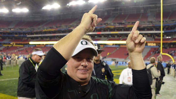 Jan 3, 2013; Glendale, AZ, USA; Oregon Ducks coach Chip Kelly reacts after the 2013 Fiesta Bowl.