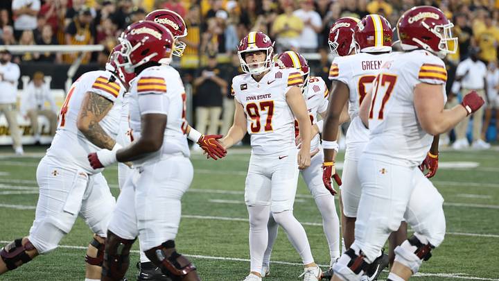 Sep 12, 2026; Iowa City, Iowa, USA; Iowa State Cyclones place kicker Kyle Konrardy (97) is congratulated by teammates after kicking a field goal against the Iowa Hawkeyes during the second quarter at Kinnick Stadium. Mandatory Credit: Reese Strickland-Imagn Images Sep 12, 2026; Iowa City, Iowa, USA; Iowa State Cyclones place kicker Kyle Konrardy (97) is congratulated by teammates after kicking a field goal against the Iowa Hawkeyes during the second quarter at Kinnick Stadium. Mandatory Credit: Reese Strickland-Imagn Images