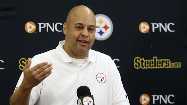 Jul 27, 2023; Latrobe, PA, USA;  Pittsburgh Steelers general manager Omar Khan addresses the media prior to the start of training camp at Saint Vincent College. Mandatory Credit: Charles LeClaire-Imagn Images