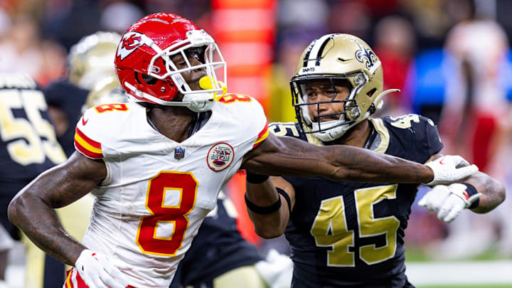 Aug 13, 2023; New Orleans, Louisiana, USA; New Orleans Saints linebacker Nephi Sewell (45) blocks