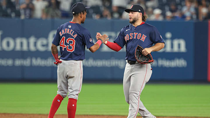 Jul 5, 2024; Bronx, New York, USA; Boston Red Sox center fielder Ceddanne Rafaela (43) and right fielder Wilyer Abreu (52) celebrates after defeating the New York Yankees at Yankee Stadium. Mandatory Credit: Vincent Carchietta-Imagn Images Jul 5, 2024; Bronx, New York, USA; Boston Red Sox center fielder Ceddanne Rafaela (43) and right fielder Wilyer Abreu (52) celebrates after defeating the New York Yankees at Yankee Stadium. Mandatory Credit: Vincent Carchietta-Imagn Images