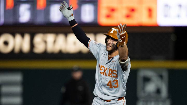 Texas' Aiden Robbins (43) celebrates after hitting a solo home run against Tennessee in an NCAA college baseball game in Knoxville, Tennessee, on May 8, 2026.