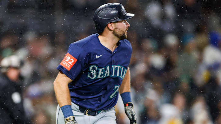 Seattle Mariners catcher Cal Raleigh runs after hitting a home run against the San Diego Padres on May 17 at Petco Park.