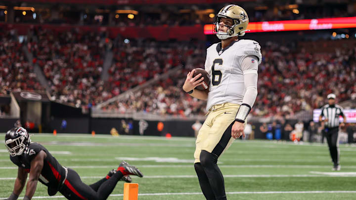 Jan 4, 2026; Atlanta, Georgia, USA; New Orleans Saints quarterback Tyler Shough (6) scores a touchdown against the Atlanta Falcons in the second quarter at Mercedes-Benz Stadium. Mandatory Credit: Brett Davis-Imagn Images Jan 4, 2026; Atlanta, Georgia, USA; New Orleans Saints quarterback Tyler Shough (6) scores a touchdown against the Atlanta Falcons in the second quarter at Mercedes-Benz Stadium. Mandatory Credit: Brett Davis-Imagn Images