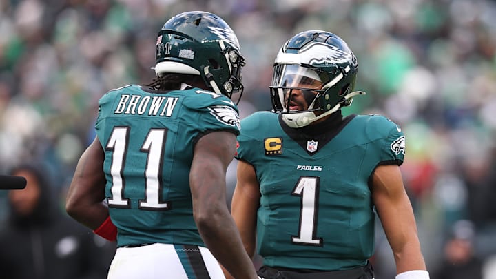 Dec 14, 2025; Philadelphia, Pennsylvania, USA; Philadelphia Eagles quarterback Jalen Hurts (1) reacts with wide receiver A.J. Brown (11) after their touchdown connection during the fourth quarter against the Las Vegas Raiders at Lincoln Financial Field. Mandatory Credit: Bill Streicher-Imagn Images Dec 14, 2025; Philadelphia, Pennsylvania, USA; Philadelphia Eagles quarterback Jalen Hurts (1) reacts with wide receiver A.J. Brown (11) after their touchdown connection during the fourth quarter against the Las Vegas Raiders at Lincoln Financial Field. Mandatory Credit: Bill Streicher-Imagn Images