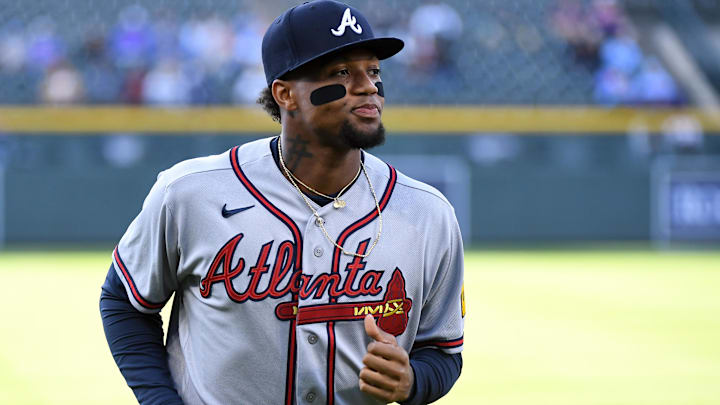 May 1, 2026; Denver, Colorado, USA; Atlanta Braves outfielder Ronald Acuna Jr. (13) before the game against the Colorado Rockies at Coors Field. Mandatory Credit: Christopher Hanewinckel-Imagn Images
