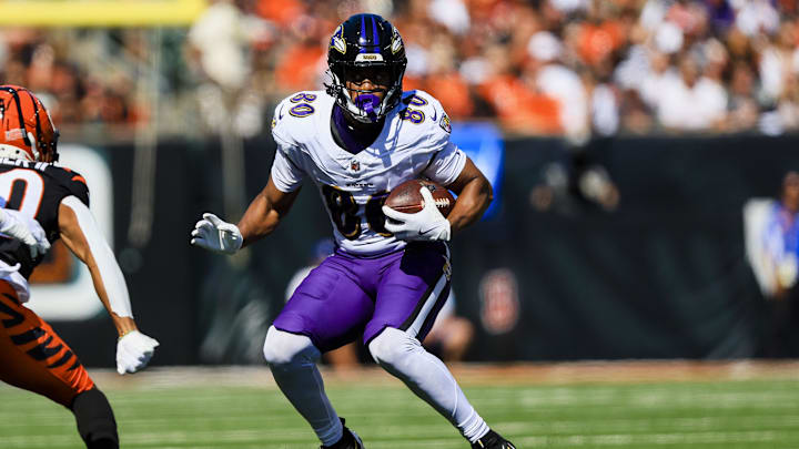 Baltimore Ravens tight end Isaiah Likely (80) runs with the ball against the Cincinnati Bengals in the first half at Paycor Stadium. Baltimore Ravens tight end Isaiah Likely (80) runs with the ball against the Cincinnati Bengals in the first half at Paycor Stadium.