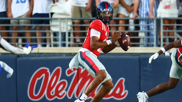 Aug 30, 2025; Oxford, Mississippi, USA; Mississippi Rebels quarterback Austin Simmons (13) drops back to pass during the first quarter against the Georgia State Panthers at Vaught-Hemingway Stadium. Mandatory Credit: Petre Thomas-Imagn Images Aug 30, 2025; Oxford, Mississippi, USA; Mississippi Rebels quarterback Austin Simmons (13) drops back to pass during the first quarter against the Georgia State Panthers at Vaught-Hemingway Stadium. Mandatory Credit: Petre Thomas-Imagn Images