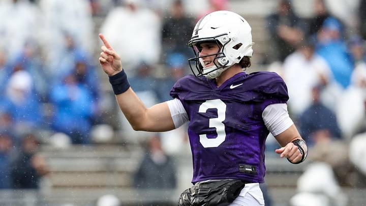 Penn State Nittany Lions quarterback Rocco Becht reacts during practice at Beaver Stadium. Penn State Nittany Lions quarterback Rocco Becht reacts during practice at Beaver Stadium.