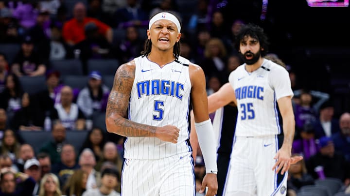 Orlando Magic forward Paolo Banchero (5) celebrates after a basket during the third quarter against the Sacramento Kings at Golden 1 Center.