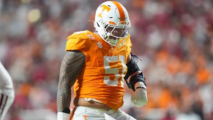 Tennessee defensive lineman Jaxson Moi (51) celebrates after a tackle during a college football game between Tennessee and Arkansas at Neyland Stadium in Knoxville, Tenn., on Oct. 11, 2025.