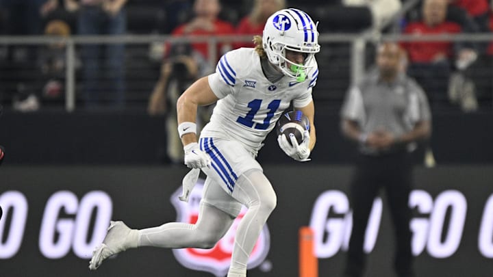 Dec 6, 2025; Arlington, TX, USA; BYU Cougars wide receiver Parker Kingston (11) runs with the ball during the first half against the Texas Tech Red Raiders at AT&T Stadium. Mandatory Credit: Jerome Miron-Imagn Images Dec 6, 2025; Arlington, TX, USA; BYU Cougars wide receiver Parker Kingston (11) runs with the ball during the first half against the Texas Tech Red Raiders at AT&T Stadium. Mandatory Credit: Jerome Miron-Imagn Images