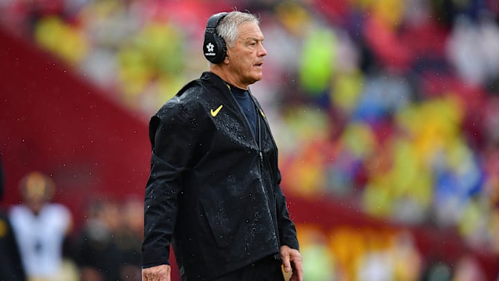 Nov 15, 2025; Los Angeles, California, USA; Iowa Hawkeyes head coach Kirk Ferentz watches game action against the Southern California Trojans during the first half at the Los Angeles Memorial Coliseum. Mandatory Credit: Gary A. Vasquez-Imagn Images
