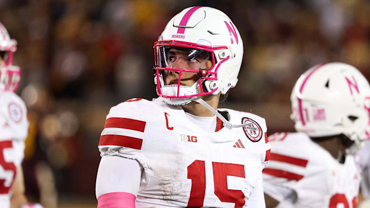 Oct 17, 2025; Minneapolis, Minnesota, USA; Nebraska Cornhuskers quarterback Dylan Raiola (15) looks on during the second half against the Minnesota Golden Gophers at Huntington Bank Stadium. 