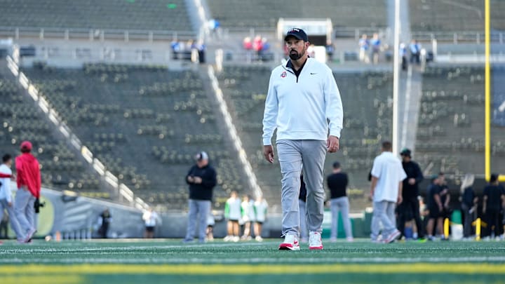Oct 12, 2024; Eugene, Oregon, USA; Ohio State Buckeyes head coach Ryan Day walks across the field at Autzen Stadium prior to the NCAA football game against the Oregon Ducks.