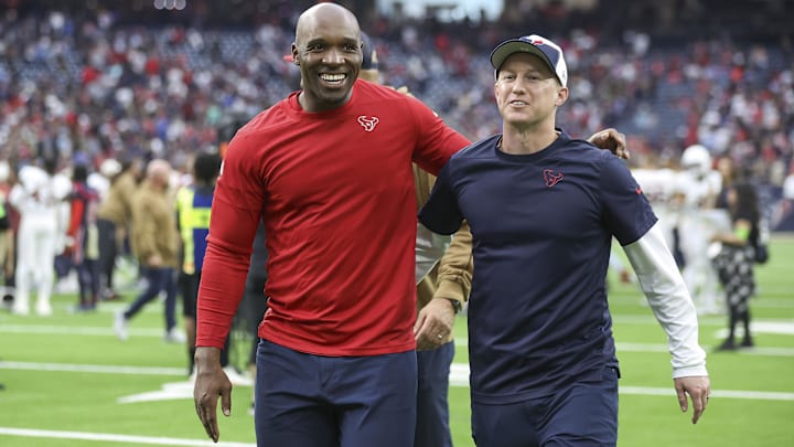 Nov 19, 2023; Houston, Texas, USA; Houston Texans head coach DeMeco Ryans (left) and offensive