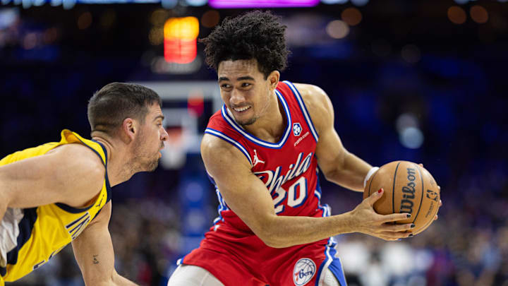 Dec 13, 2024; Philadelphia, Pennsylvania, USA; Philadelphia 76ers guard Jared McCain (20) and Indiana Pacers guard T.J. McConnell (9) in action at Wells Fargo Center. Mandatory Credit: Bill Streicher-Imagn Images