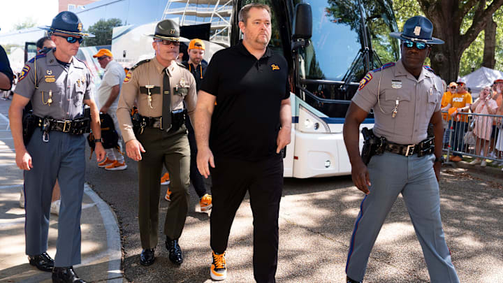 Tennessee coach Josh Heupel as the Vols arrive before a college football game between Tennessee and Mississippi State at Davis Wade Stadium in Starkville, Miss., on Sept. 27, 2025. Tennessee coach Josh Heupel as the Vols arrive before a college football game between Tennessee and Mississippi State at Davis Wade Stadium in Starkville, Miss., on Sept. 27, 2025.
