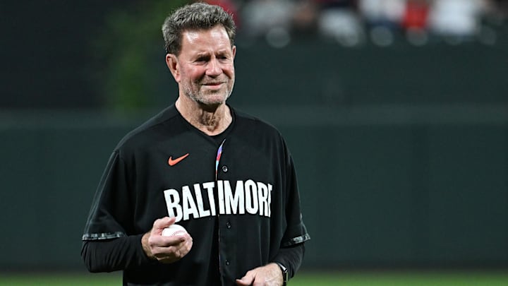 Sep 29, 2023; Baltimore, Maryland, USA;  Hall of fame baseball Jim Palmer stands ion the pitcher's mound during a pregame ceremony before the game between the Baltimore Orioles and the Boston Red Sox at Oriole Park at Camden Yards. 