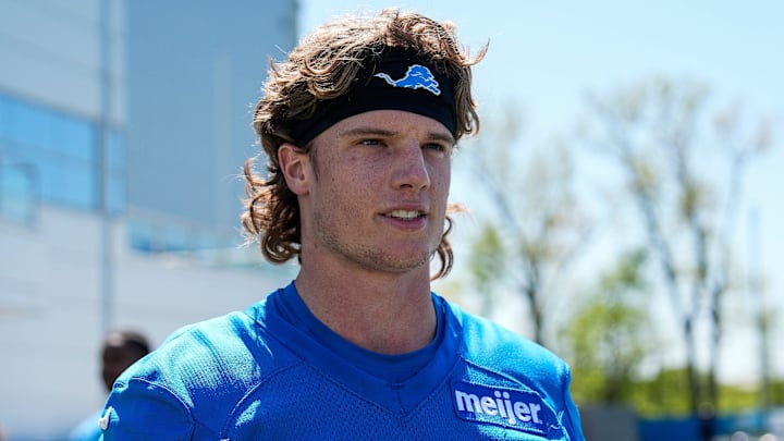 Detroit Lions wide receiver Isaac TeSlaa speaks after practice during rookie minicamp at Meijer Performance Center in Allen Park on Friday, May 9, 2025.