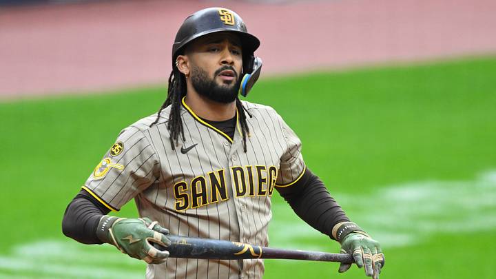 Aug 15, 2026; Cleveland, Ohio, USA; San Diego Padres right fielder Fernando Tatis Jr. (23) reacts after walking in the first inning against the Cleveland Guardians at Progressive Field. Mandatory Credit: David Richard-Imagn Images