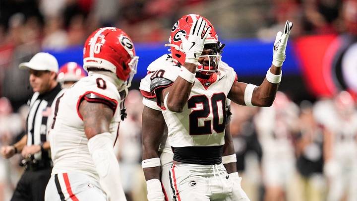 Dec 6, 2025; Atlanta, GA, USA; Georgia Bulldogs defensive back Jacorey Thomas (20) celebrates a sack during the third quarter against the Alabama Crimson Tide during the 2025 SEC Championship game at Mercedes-Benz Stadium. Mandatory Credit: Dale Zanine-Imagn Images Dec 6, 2025; Atlanta, GA, USA; Georgia Bulldogs defensive back Jacorey Thomas (20) celebrates a sack during the third quarter against the Alabama Crimson Tide during the 2025 SEC Championship game at Mercedes-Benz Stadium. Mandatory Credit: Dale Zanine-Imagn Images