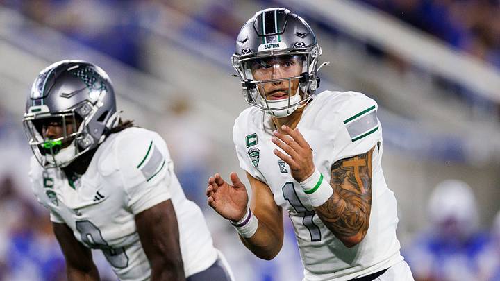 Sep 13, 2025; Lexington, Kentucky, USA; Eastern Michigan Eagles quarterback Noah Kim (1) looks to the sideline during the second quarter against the Kentucky Wildcats at Kroger Field. Mandatory Credit: Jordan Prather-Imagn Images