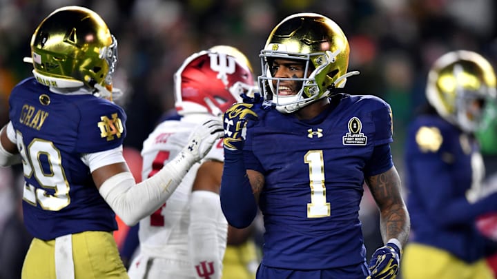 Dec 20, 2024; Notre Dame, Indiana, USA; Notre Dame Fighting Irish safety Jordan Clark (1) celebrates with cornerback Christian Gray (29) after a play during the first half against the Indiana Hoosiers at Notre Dame Stadium. Mandatory Credit: Matt Cashore-Imagn Images