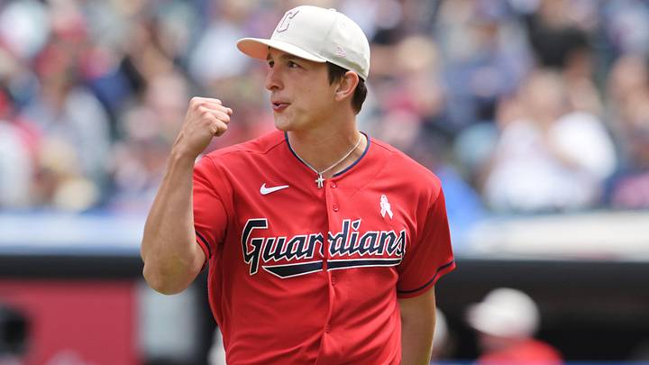 May 14, 2023: Cleveland Guardians relief pitcher James Karinchak (99) celebrates after getting the final out in the eighth inning against the Los Angeles Angels at Progressive Field.