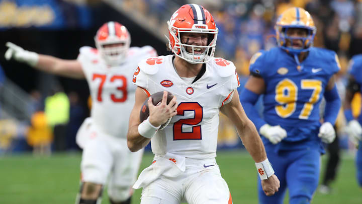 Nov 16, 2024; Pittsburgh, Pennsylvania, USA; Clemson Tigers quarterback Cade Klubnik (2) runs on his way to scoring a game winning fifty-yard touchdown during the fourth quarter to defeat the Pittsburgh Panthers at Acrisure Stadium. 