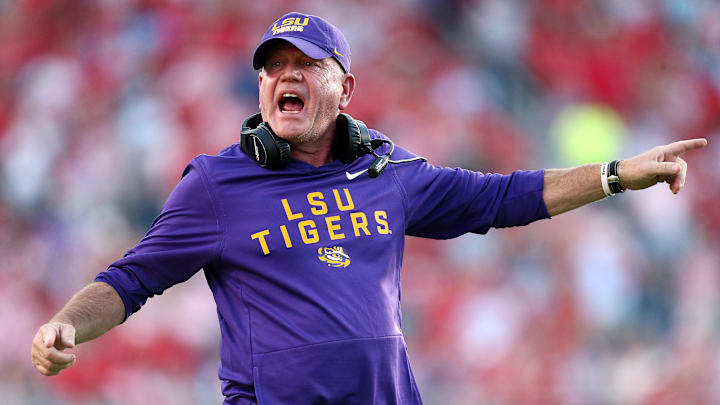 Sep 27, 2025; Oxford, Mississippi, USA; LSU Tigers head coach Brian Kelly reacts during the fourth quarter against the Mississippi Rebels at Vaught-Hemingway Stadium. Mandatory Credit: Petre Thomas-Imagn Images