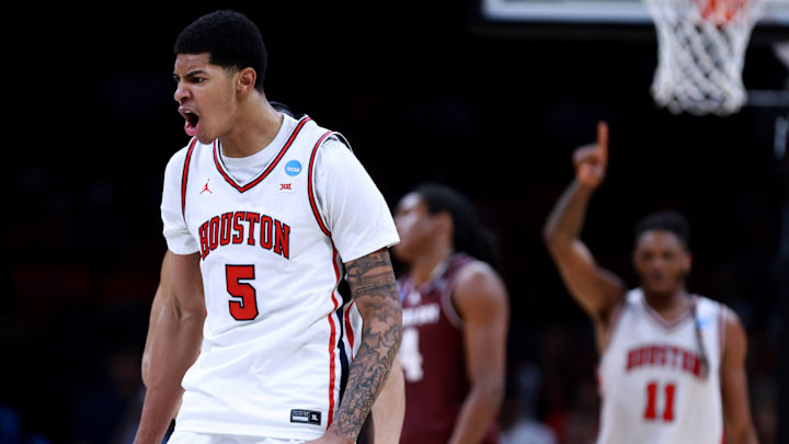 Houston's Chris Cenac Jr. (5) cheers during a second-round game in the NCAA men's basketball tournament between Houston Cougars and Texas A&M Aggies at Paycom Center in Oklahoma City, Saturday March 21, 2026.