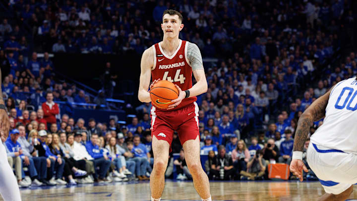 Feb 1, 2025; Lexington, Kentucky, USA; Arkansas Razorbacks forward Zvonimir Ivisic (44) shoots a three-point shot during the first half against the Kentucky Wildcats at Rupp Arena at Central Bank Center. Mandatory Credit: Jordan Prather-Imagn Images