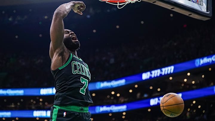 Dec 27, 2024; Boston, Massachusetts, USA; Boston Celtics guard Jaylen Brown (7) steals the ball and makes the basket against the Indiana Pacers in the second quarter at TD Garden. Mandatory Credit: David Butler II-Imagn Images Dec 27, 2024; Boston, Massachusetts, USA; Boston Celtics guard Jaylen Brown (7) steals the ball and makes the basket against the Indiana Pacers in the second quarter at TD Garden. Mandatory Credit: David Butler II-Imagn Images