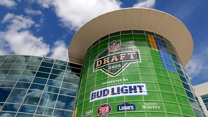 A sign promoting the 2025 NFL Draft is displayed on the Resch Center on April 19, 2025, in Ashwaubenon, Wis.
