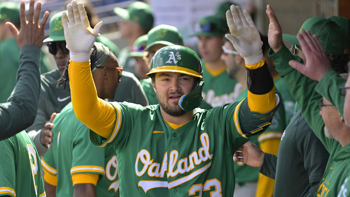 Feb 26, 2023; Phoenix, Arizona, USA;  Oakland Athletics designated hitter Shea Langeliers (23) is